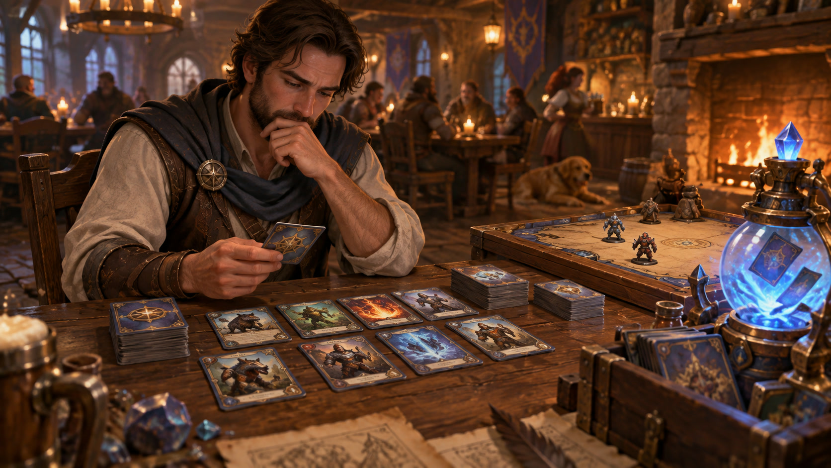 A player building a balanced fantasy card deck in a tavern