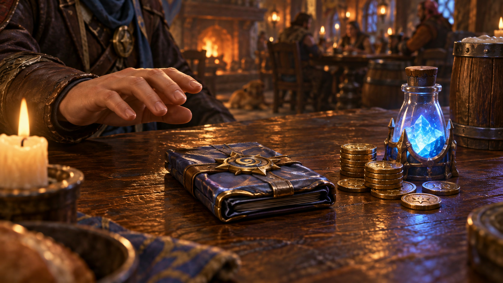 A sealed fantasy card pack left unopened beside earned coins