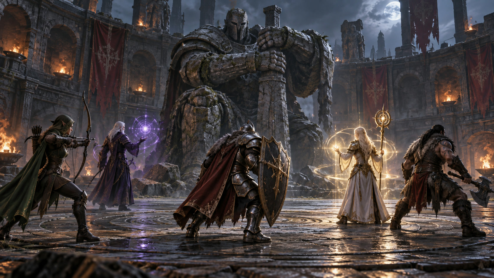 A five-member fantasy party training around a stone guardian