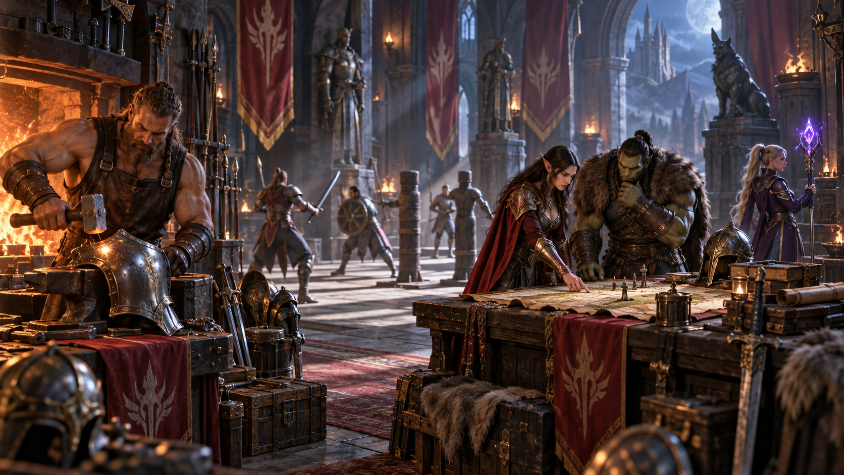 A fantasy squad preparing equipment in a fortress training hall