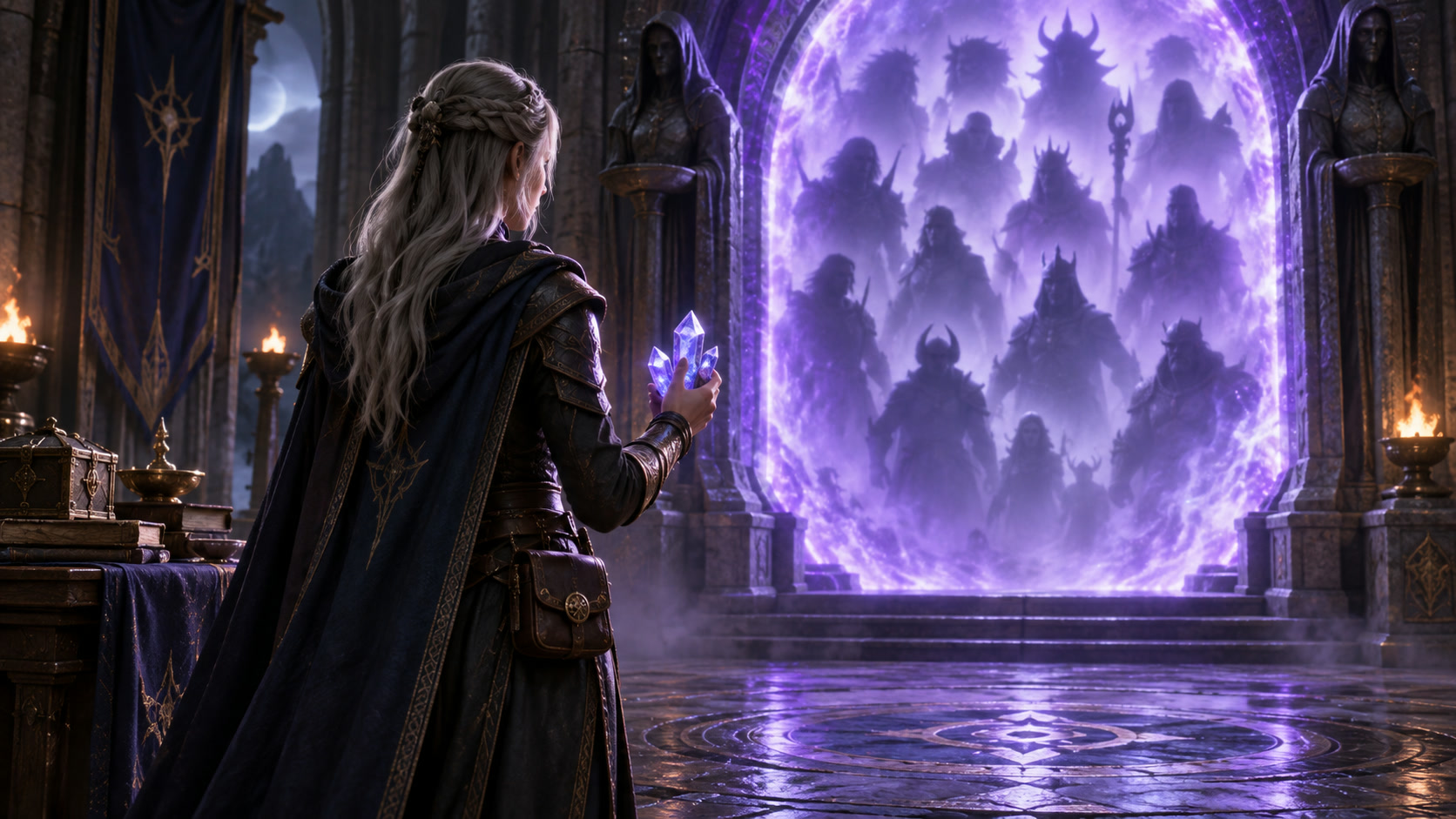 A summoner weighing a limited supply of shards before a portal