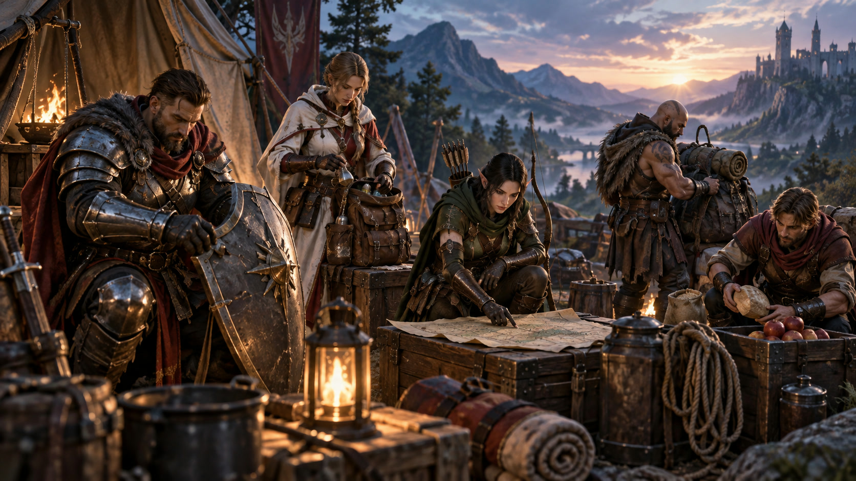 An early-game fantasy team assigning roles before a dungeon