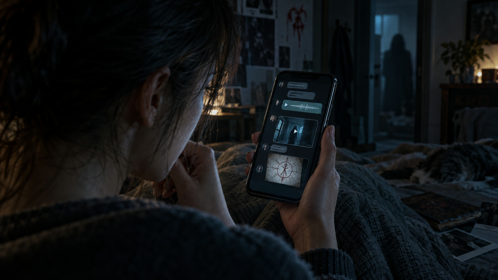 A player following a tense horror mystery through a smartphone chat