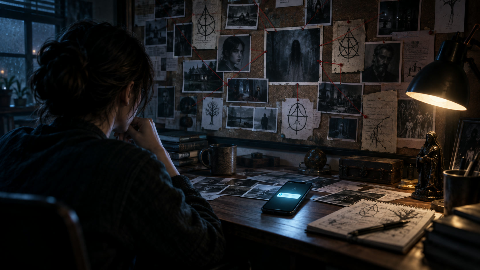 An investigator connecting unsettling clues on a wall board