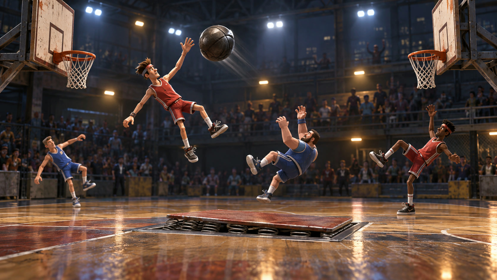 Two friends playing Basket Random together on one tablet