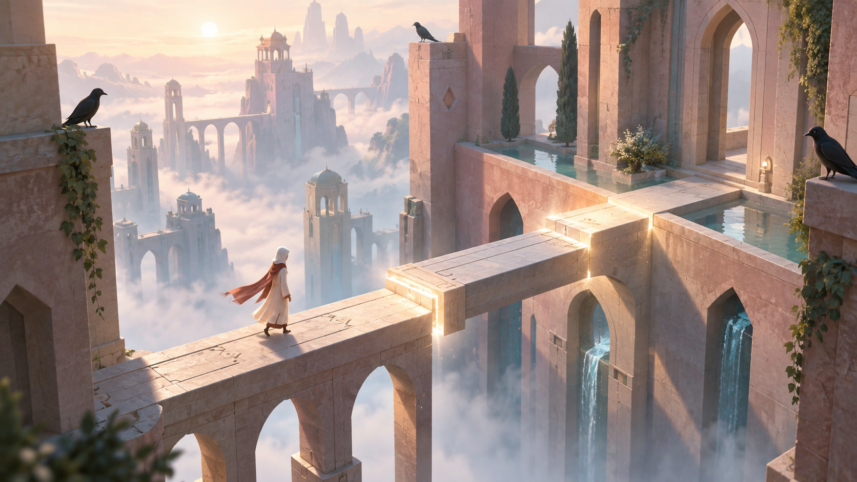 A traveler restoring a bridge among watchful crows