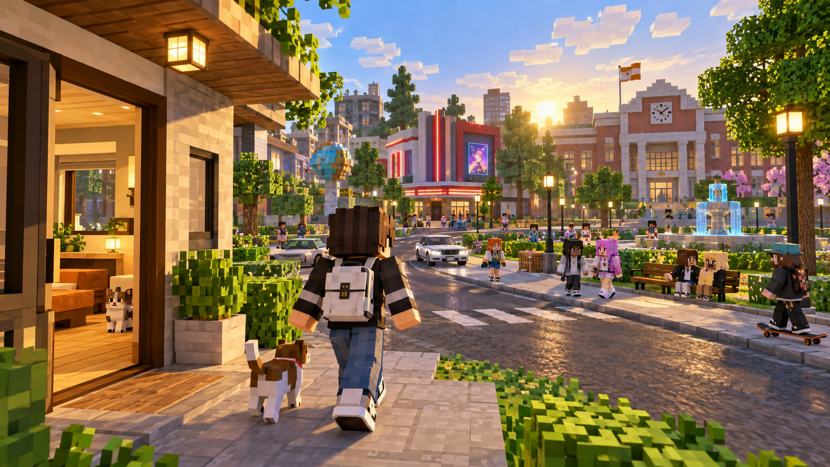 A voxel resident leaving home to explore a block city