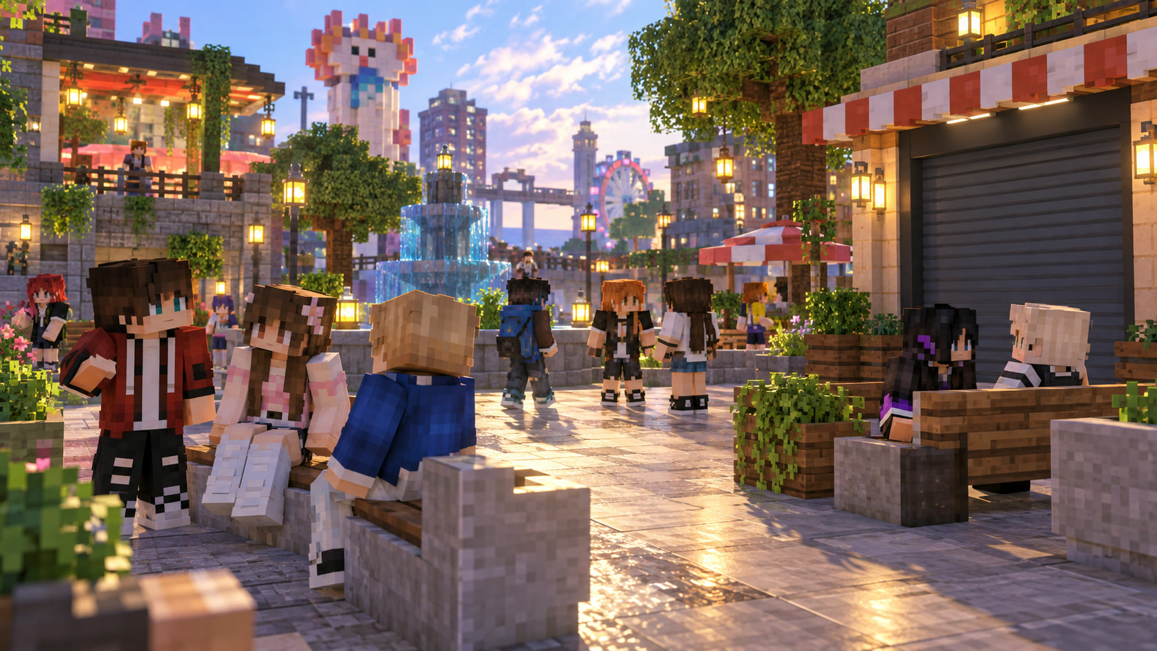 Adult voxel residents socializing in a well-lit shared plaza