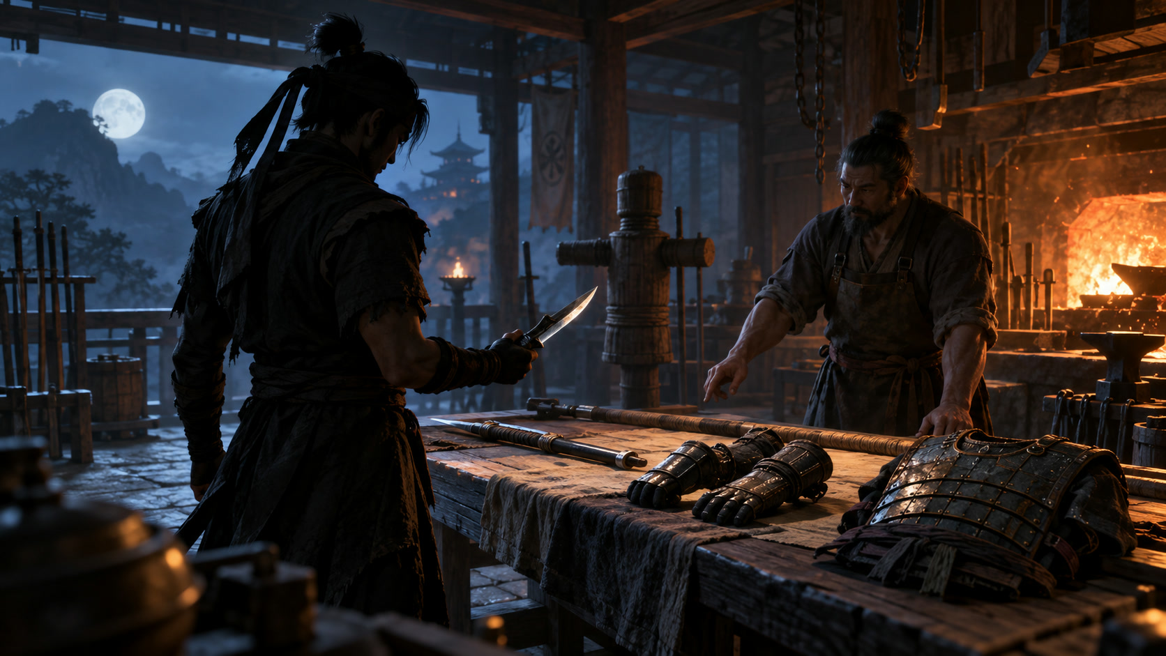 A shadow warrior choosing weapons and armor in a forge