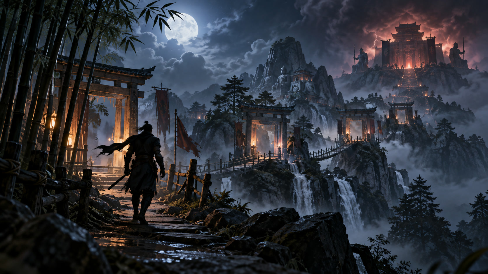 A shadow fighter traveling through connected provinces toward a boss arena