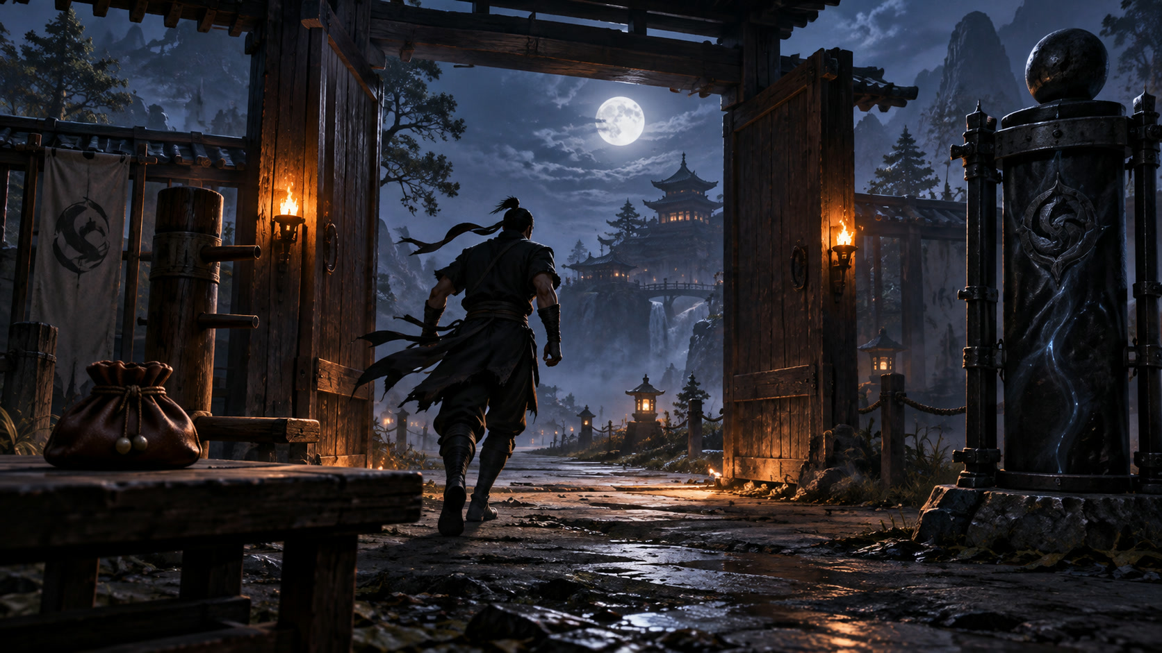 A shadow fighter continuing training through an open gate