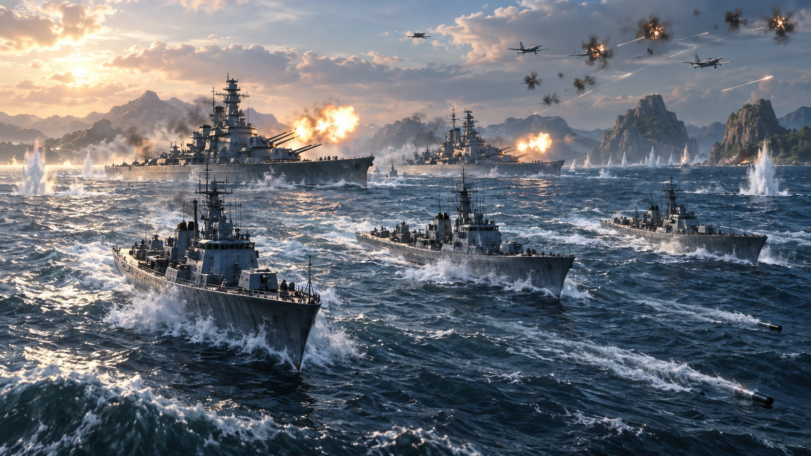A six-ship Azur Lane fleet in a side-scrolling sortie trading salvos with an opposing fleet
