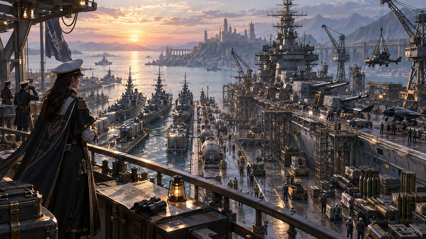 An Azur Lane port with a cheap farm fleet at one dock and a boss fleet fitting equipment at another