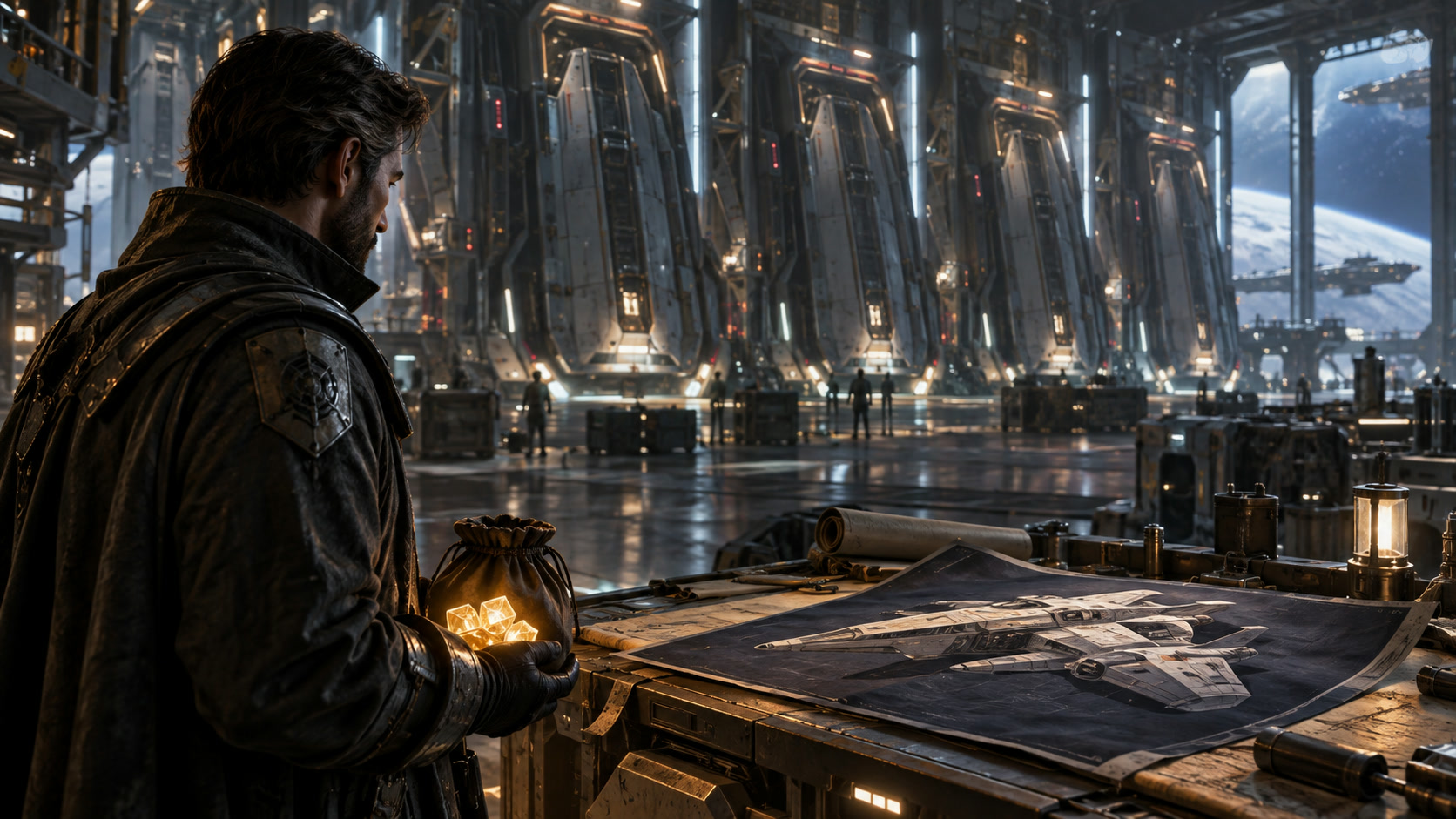 A construction bay of random ships next to an event shop counter selling a listed ship for event currency