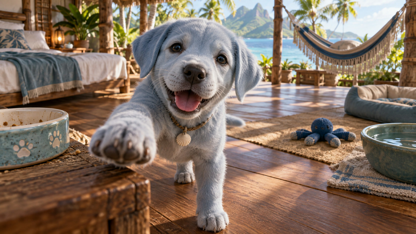 A virtual-pet care loop with feeding, cleaning, rest, play, and island photography