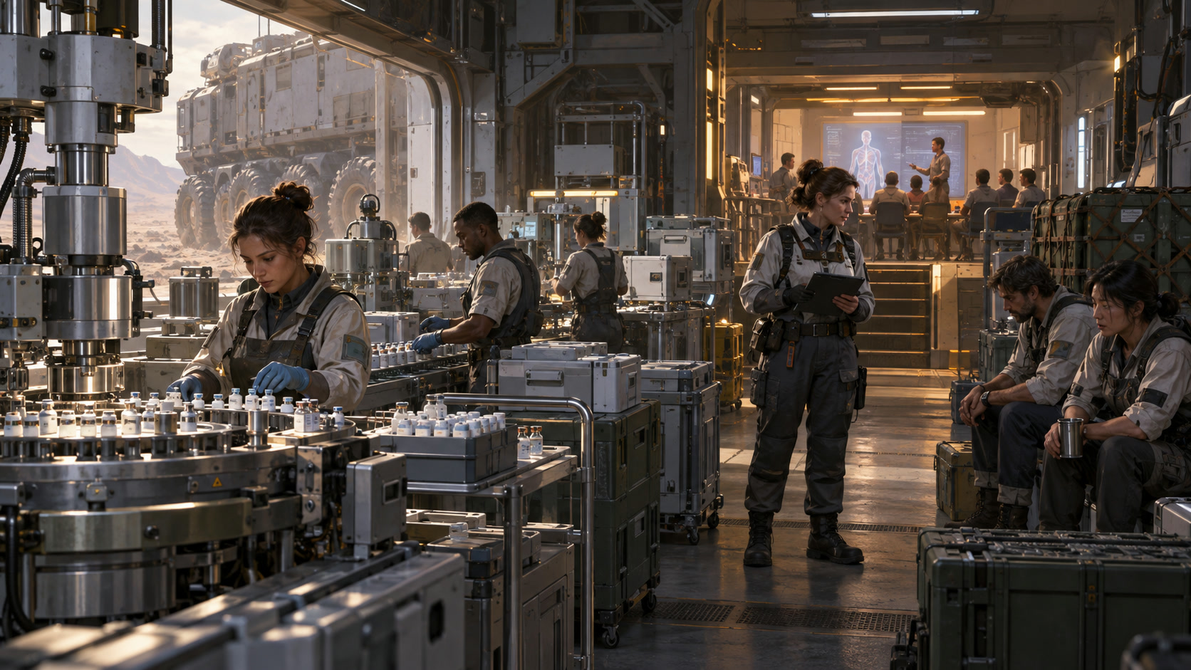 The Rhodes Island Base with Operators assigned to factories while a recorded Auto Deploy replay runs