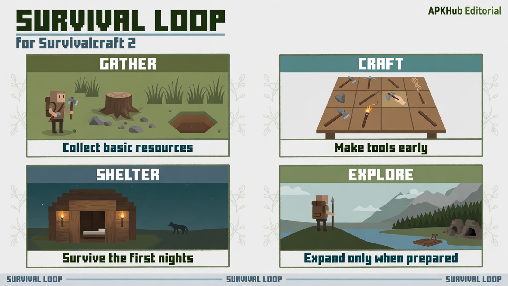 Survivalcraft 2 gather craft shelter and explore loop