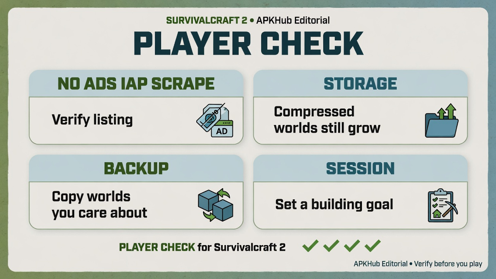 Survivalcraft 2 player checklist for storage backups and mode choice