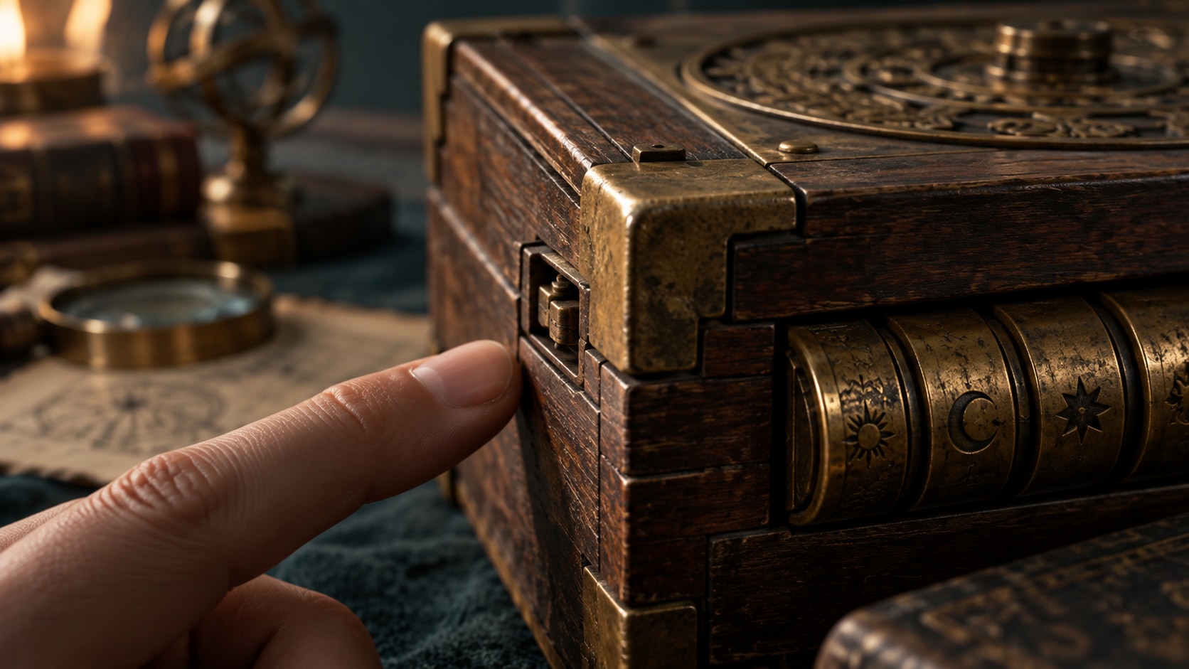 AI editorial illustration of a recessed latch and brass rings on an antique wooden puzzle box