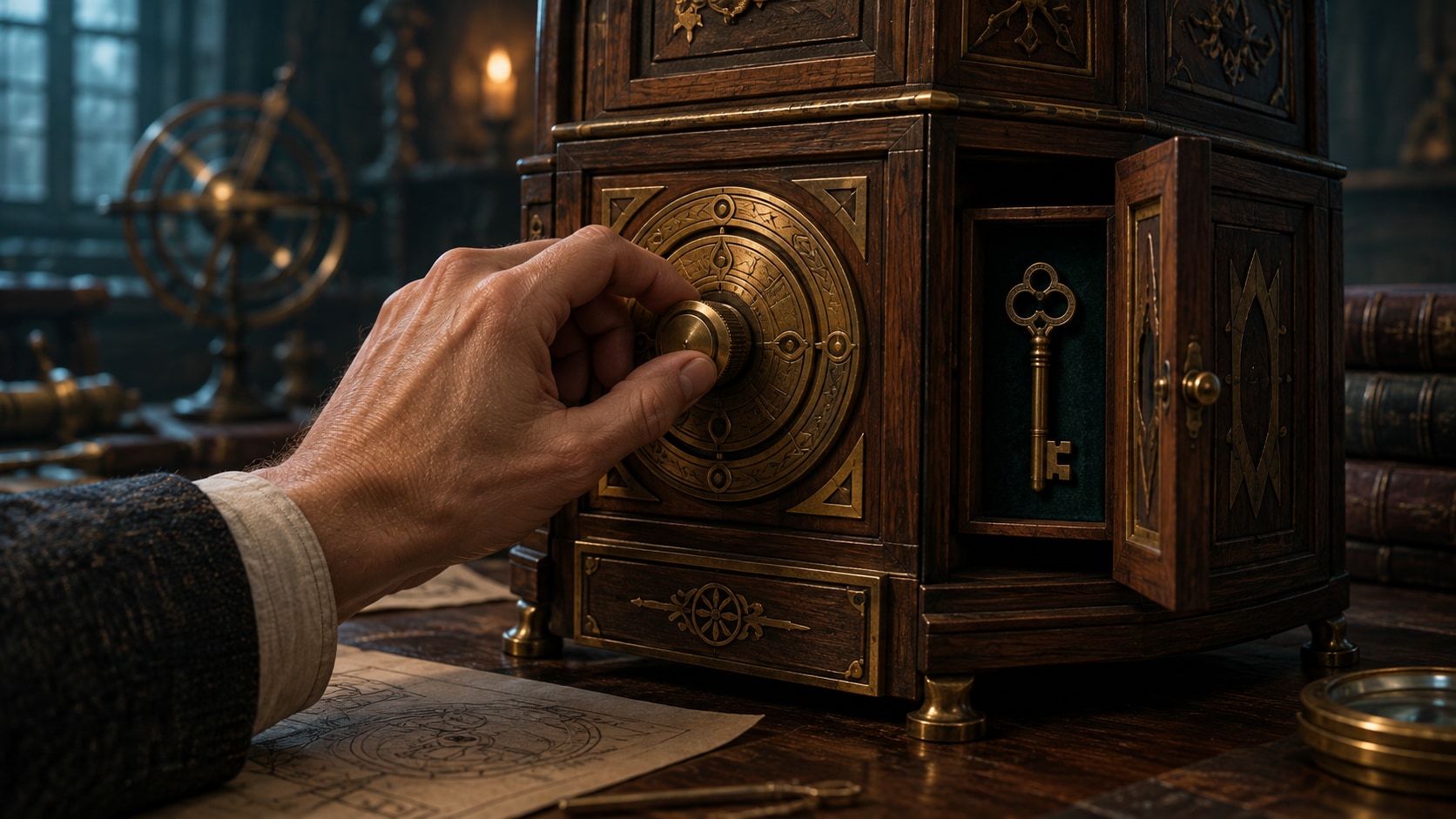 AI editorial illustration of a hand turning a brass dial beside a partly opened compartment