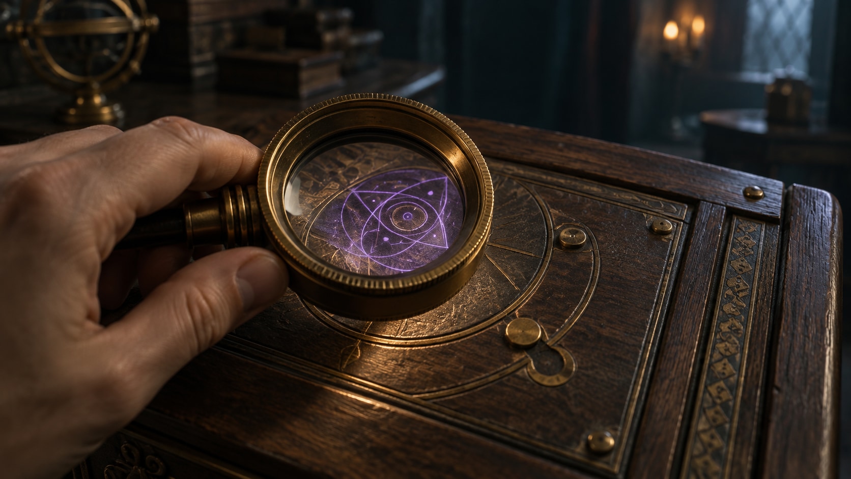 AI editorial illustration of an optical lens revealing violet geometric details over a mechanical panel