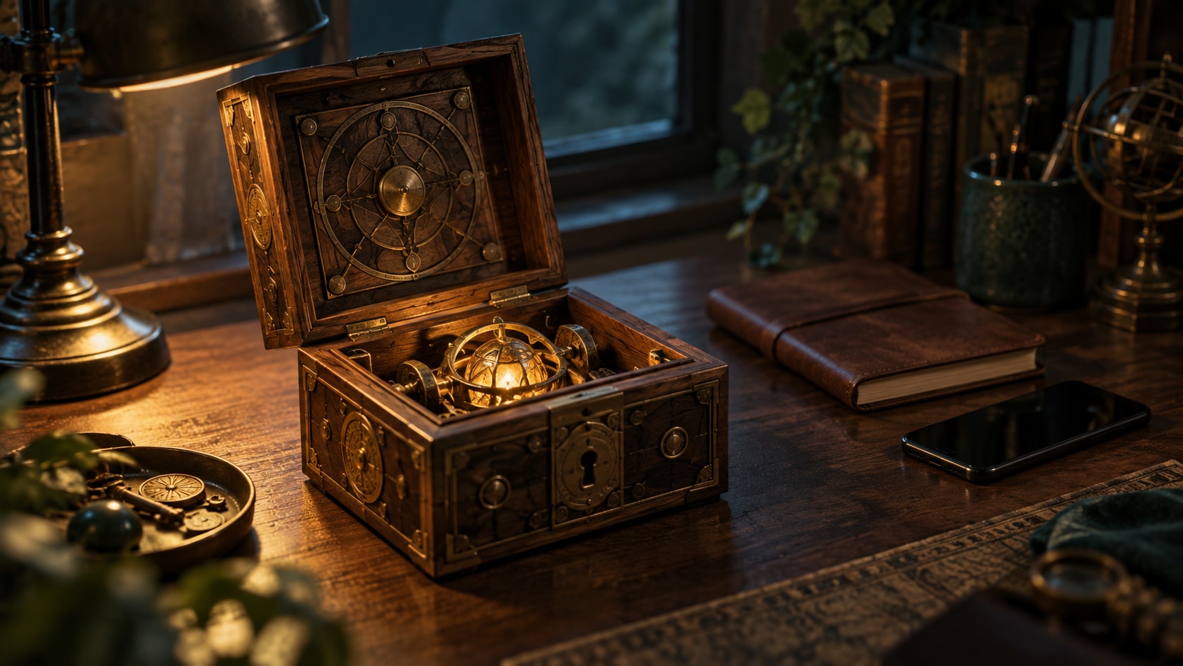 AI editorial illustration of an opened mechanical puzzle box beside a closed notebook