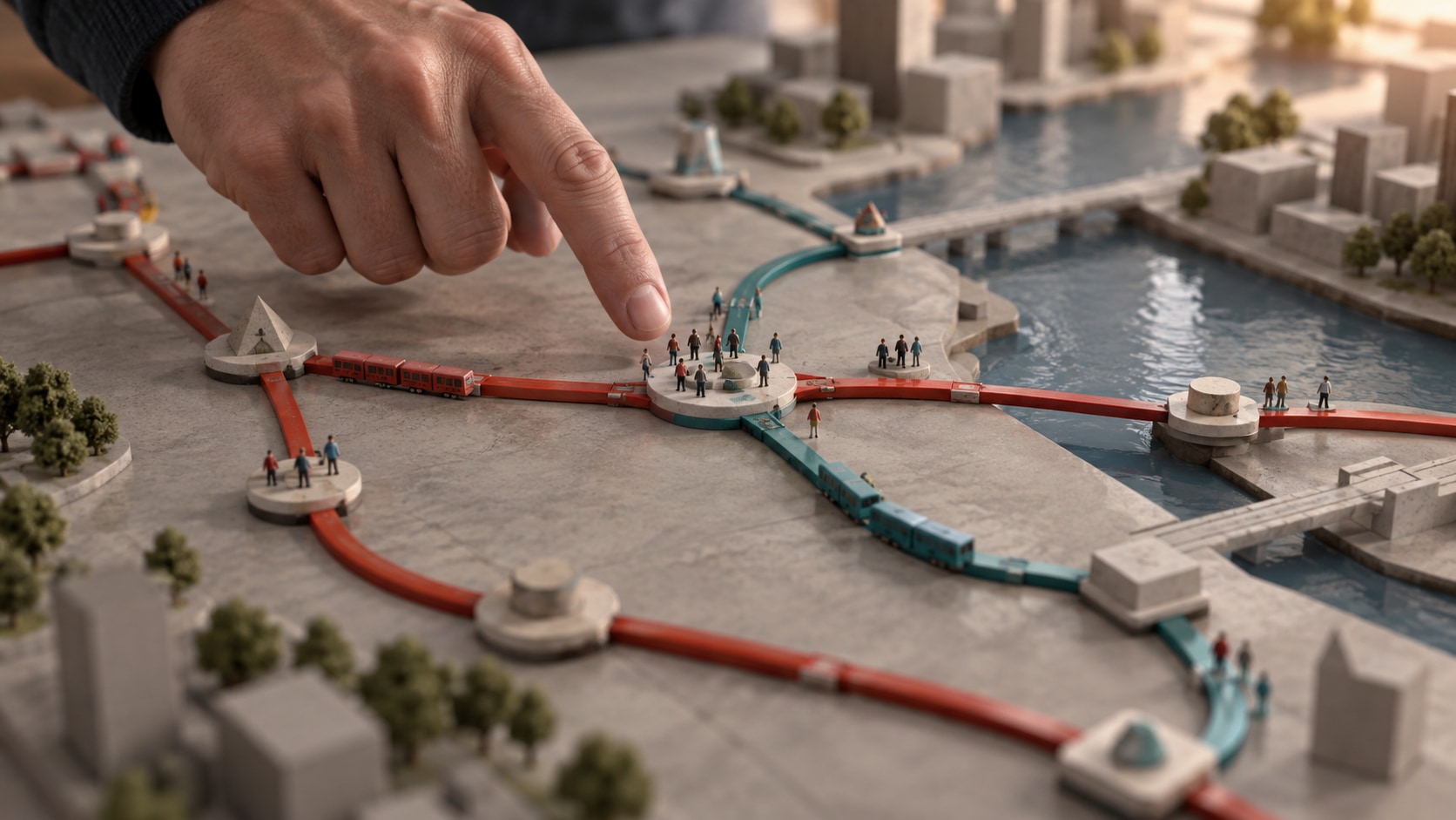 AI editorial illustration of a physical subway model with passengers gathered near an interchange