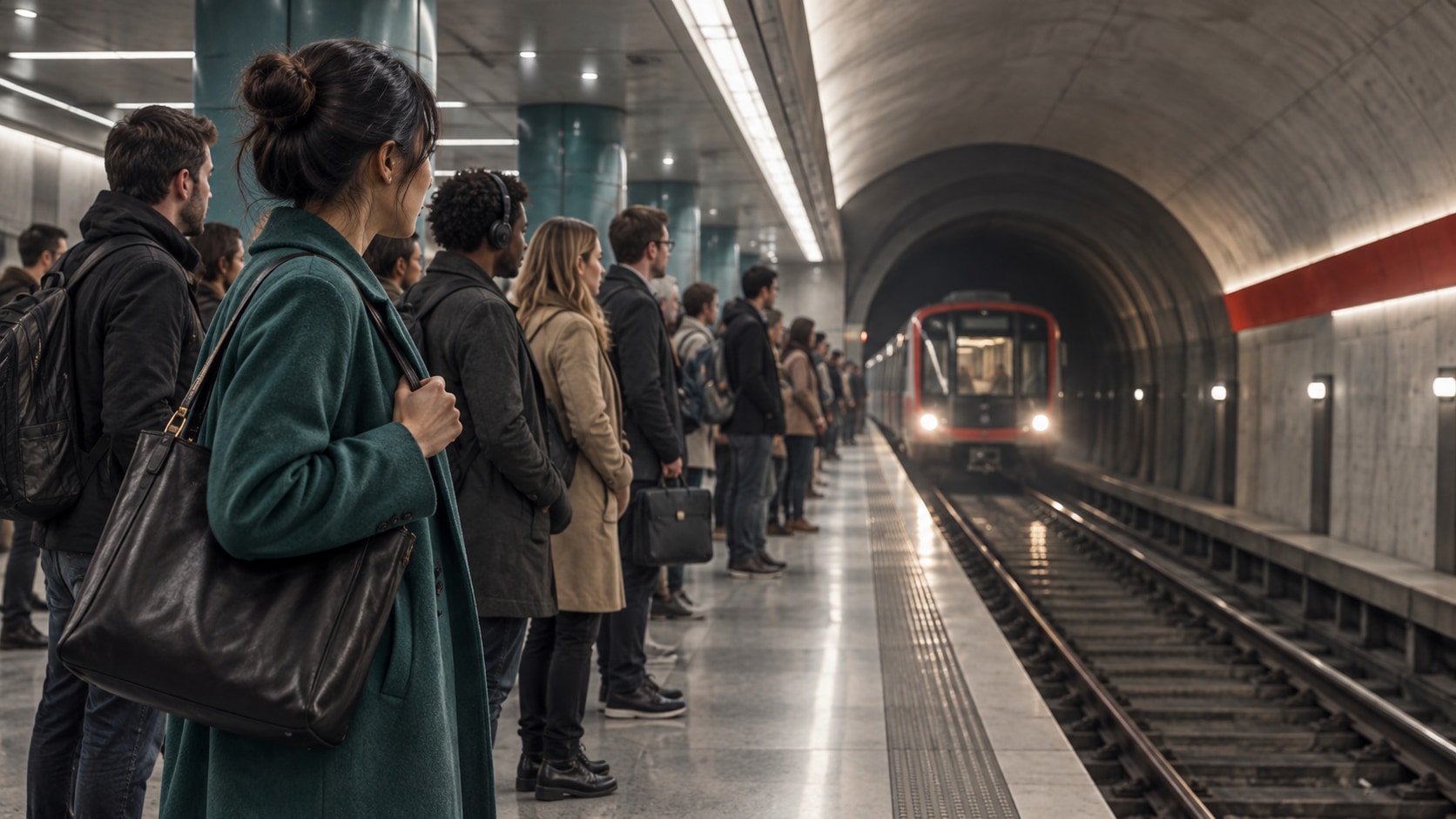 AI editorial illustration of passengers waiting behind the edge of a metro platform