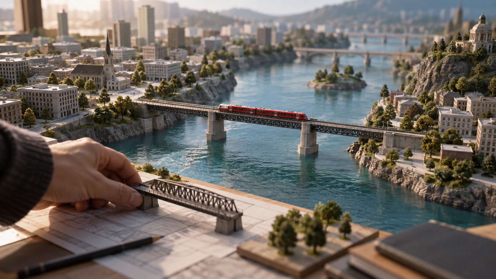 AI editorial illustration of a miniature rail crossing over a river that divides a city