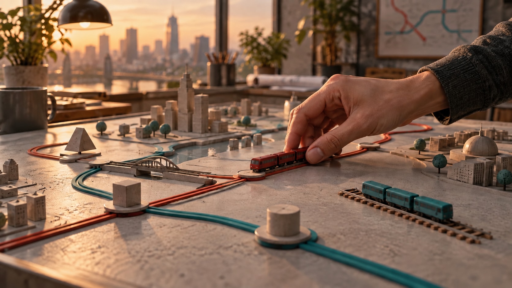 AI editorial illustration of a planner repositioning a miniature train in a quiet studio