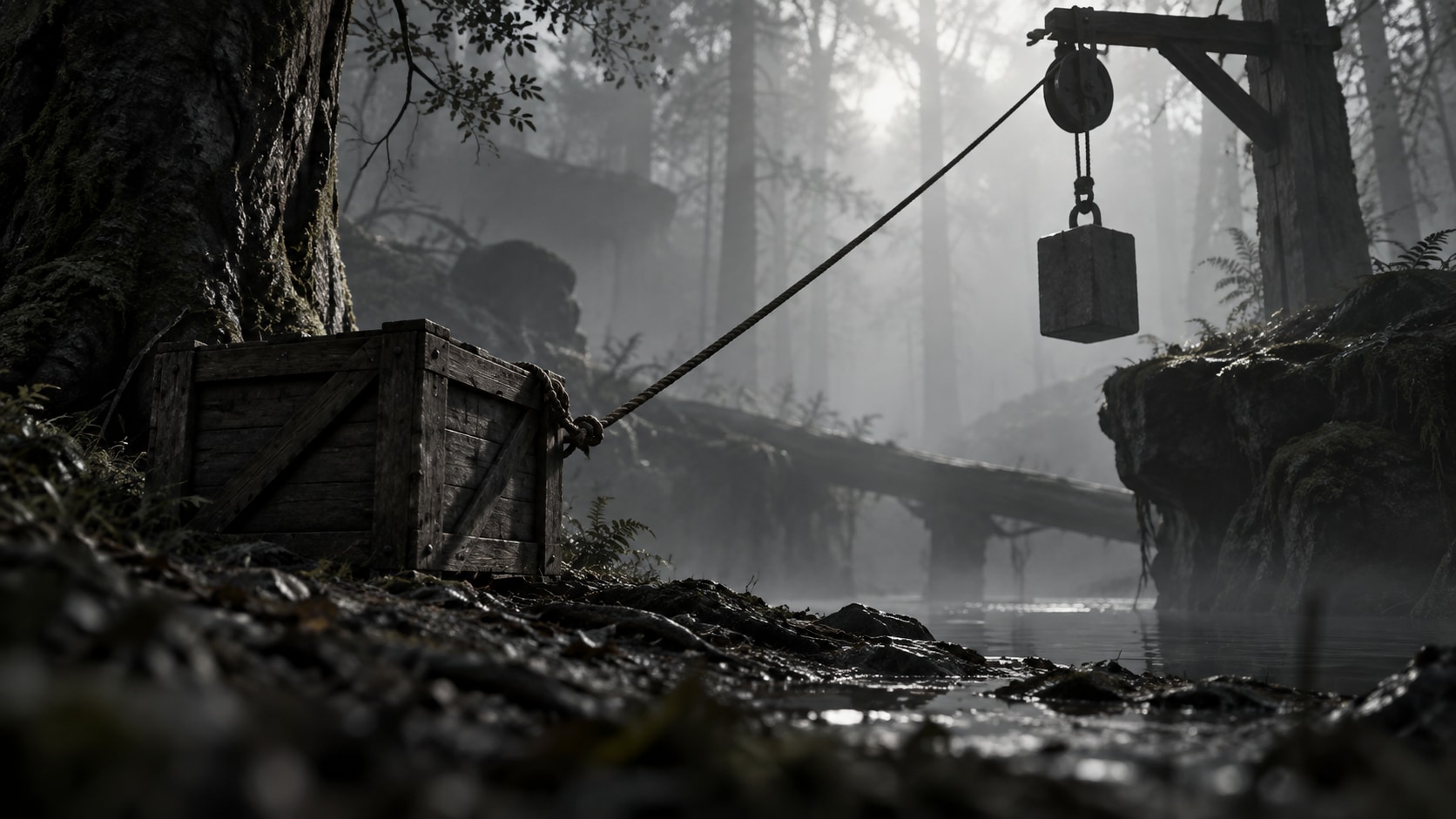AI editorial illustration of a rope and counterweight in a misty forest