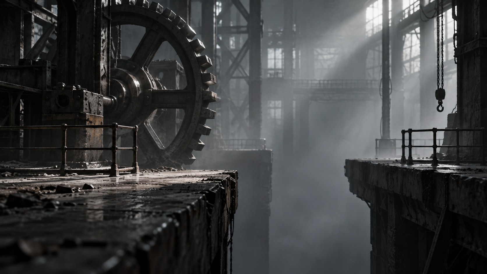 AI editorial illustration of an industrial cog and separated platforms
