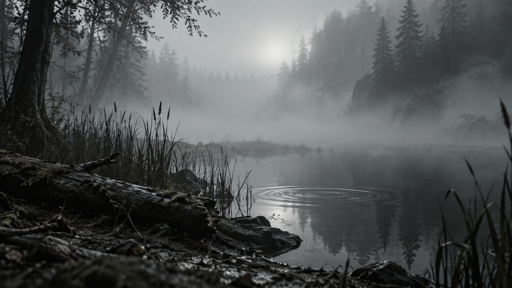 AI editorial illustration of ripples in dark water beneath a foggy forest