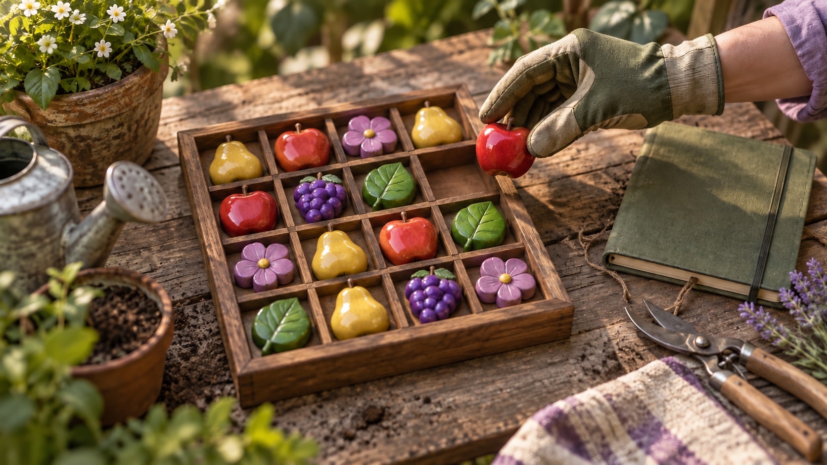 AI editorial illustration of fruit-shaped puzzle tokens in a wooden tray on a garden workbench