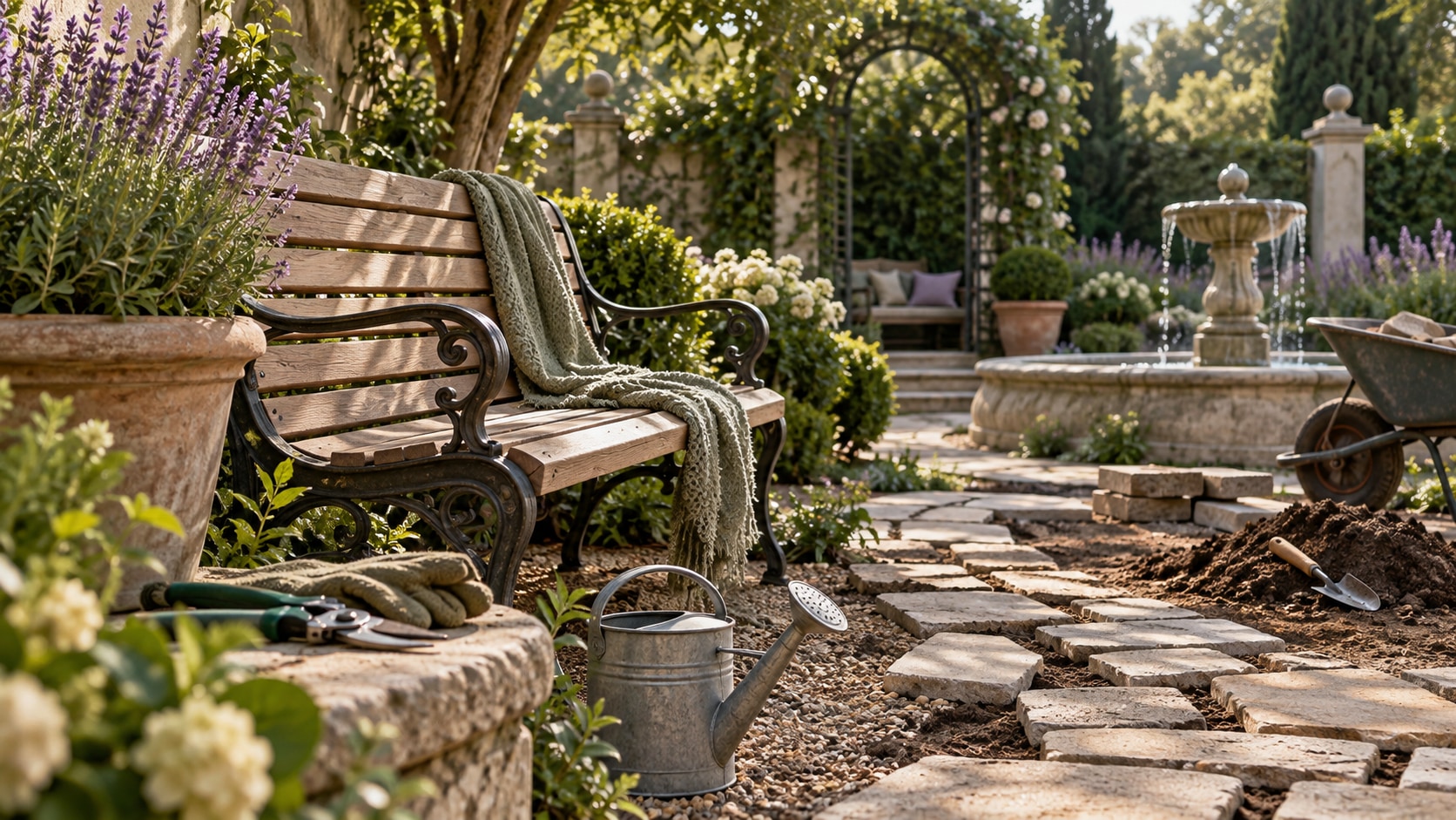 AI editorial illustration of a restored bench beside an unfinished garden path and a fountain