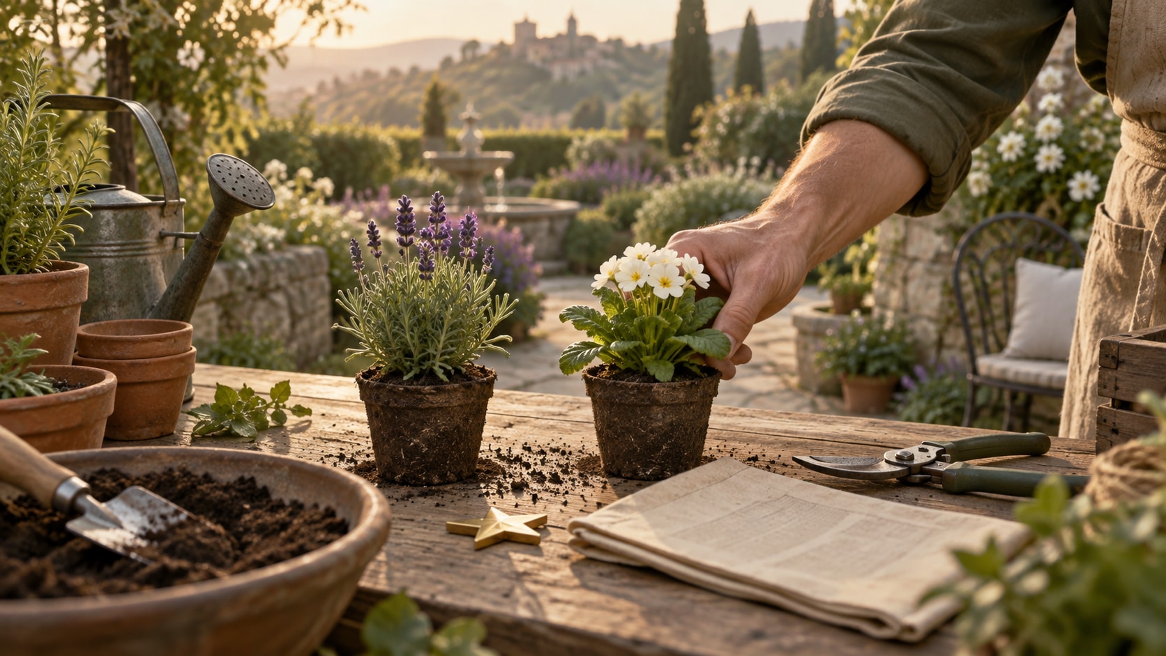 AI editorial illustration of a star-shaped token, seedlings and tools on a potting table