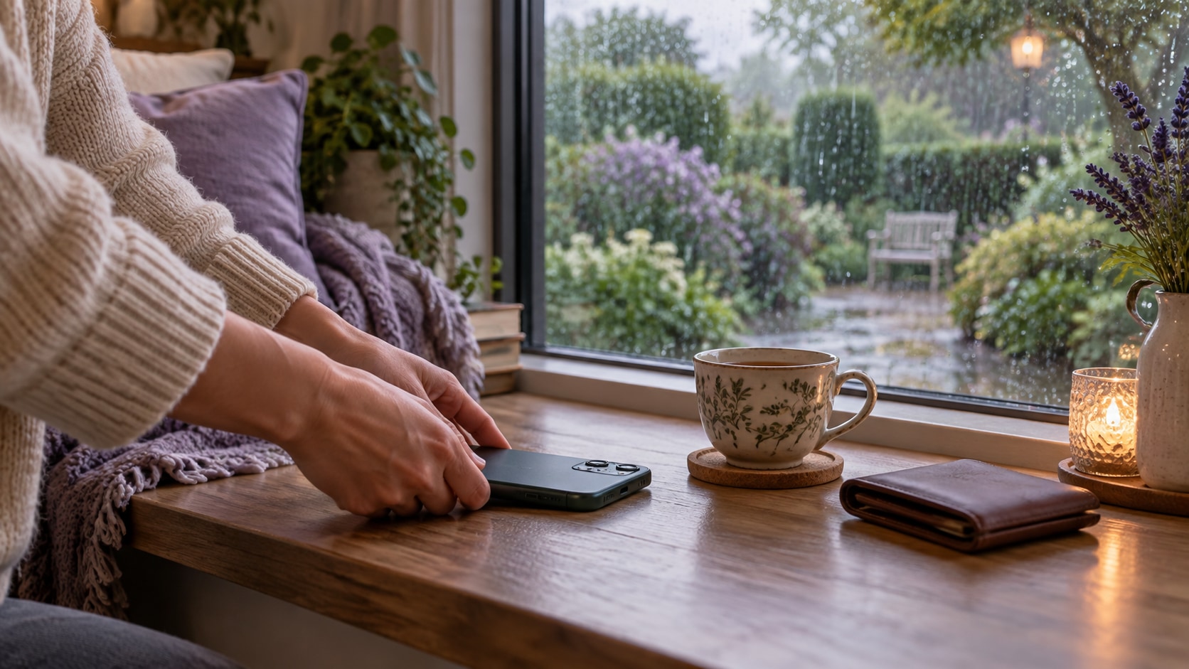 AI editorial illustration of a phone placed face down beside tea while rain falls outside a garden window