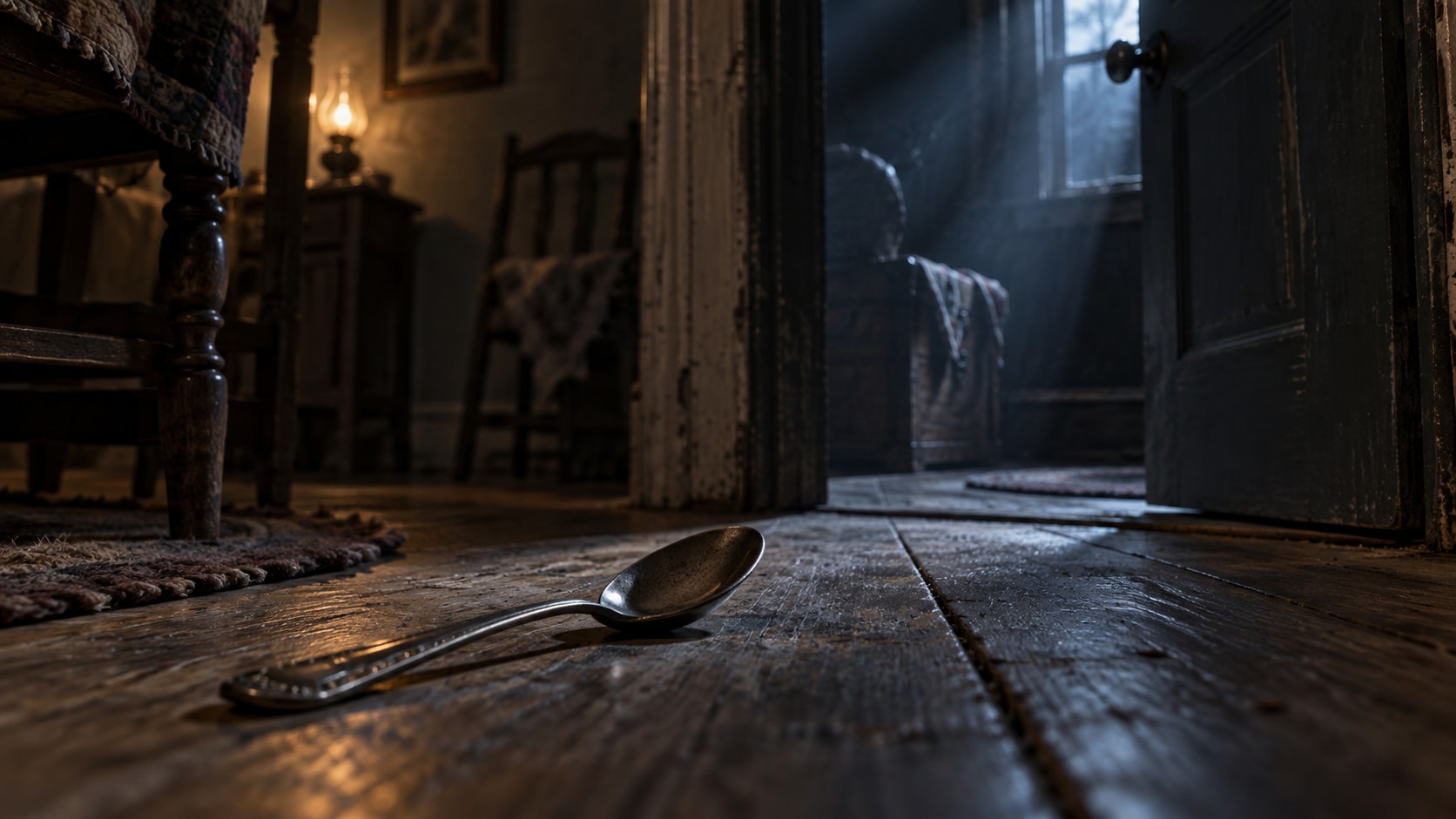 AI editorial illustration of a fallen metal spoon on worn floorboards facing a dark doorway