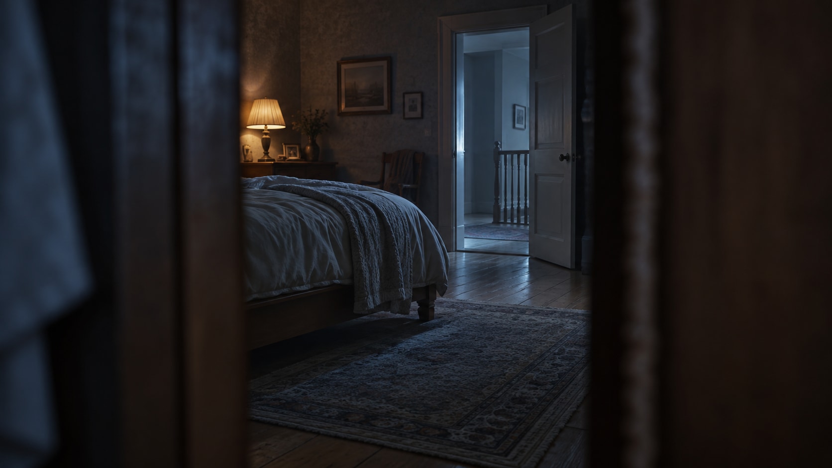 AI editorial illustration looking through a wardrobe gap toward an empty bed and doorway