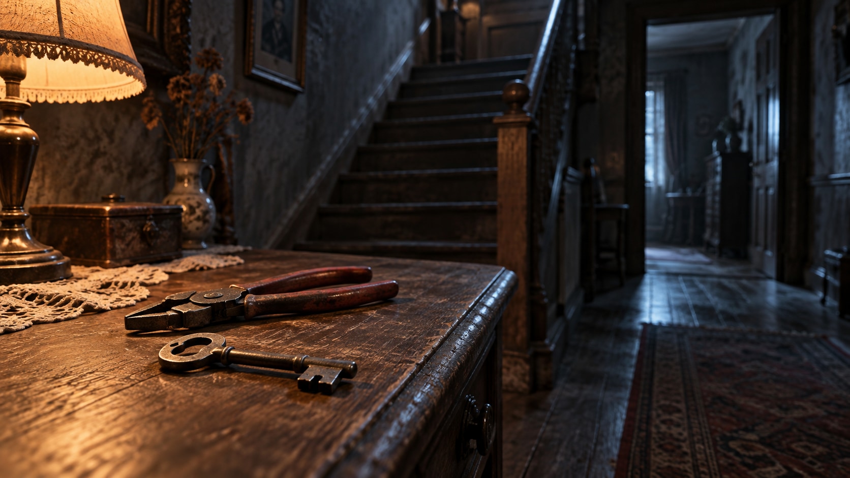 AI editorial illustration of a key and pliers beside a staircase and an open passage