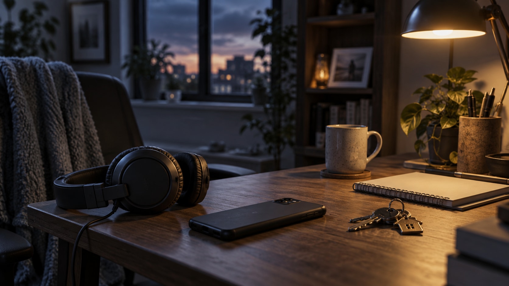 AI editorial illustration of headphones and a face-down phone on a softly lit desk
