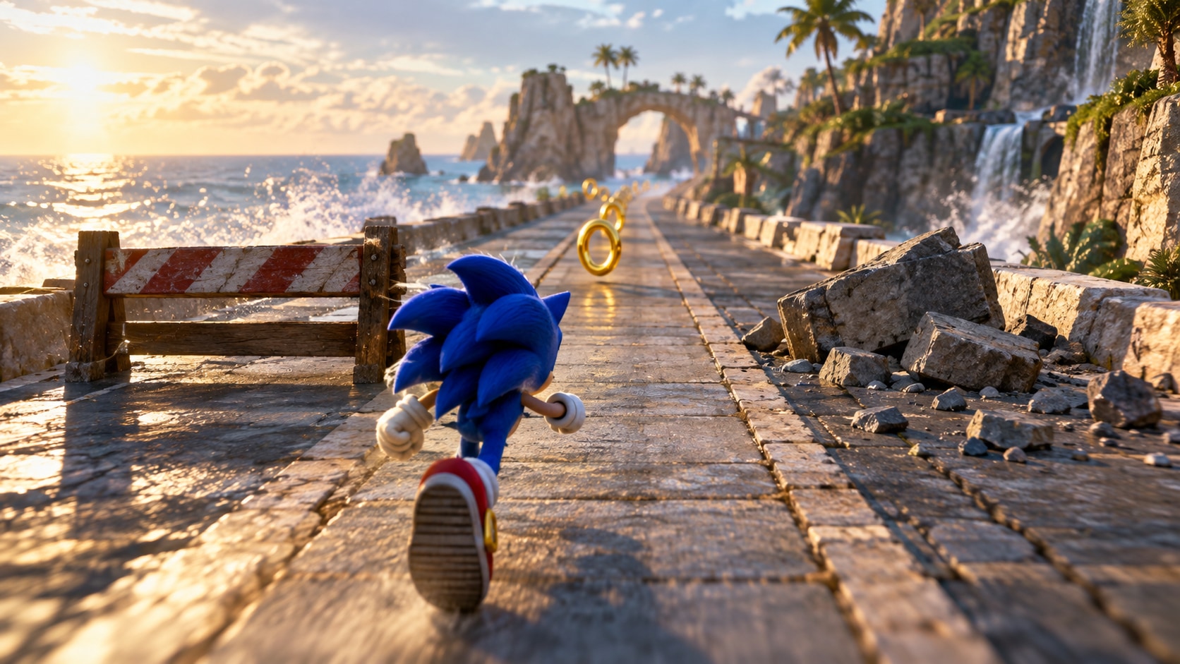 AI editorial illustration of a coastal three-lane course with obstacles and a clear central route