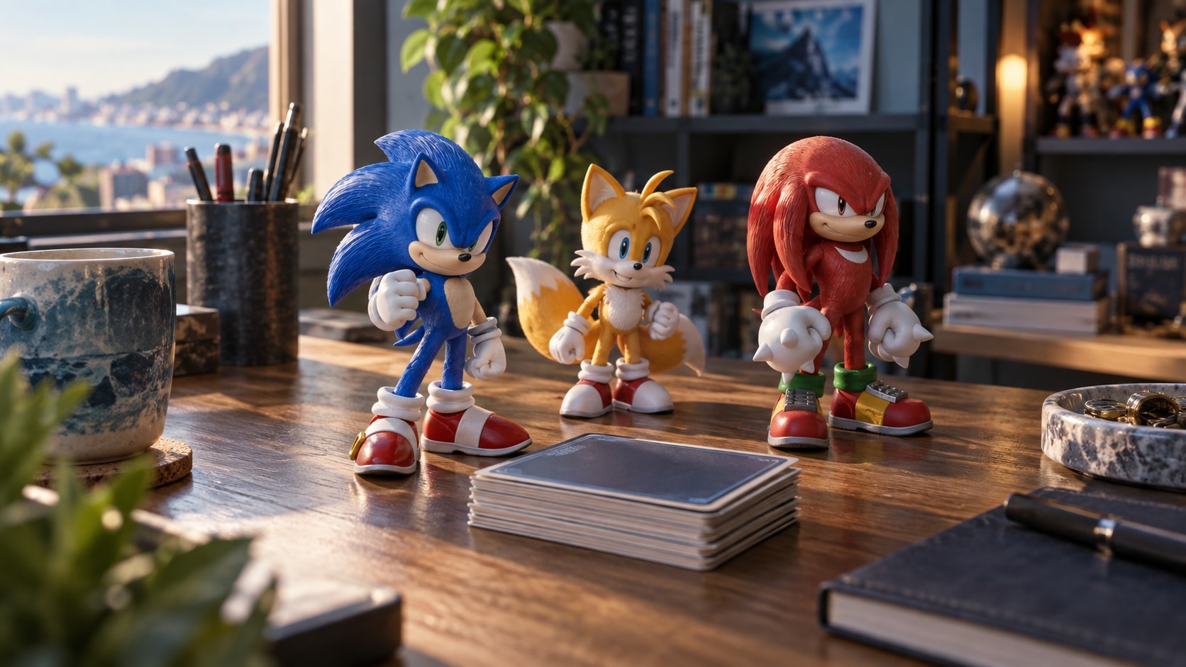 AI editorial illustration of hedgehog, fox and echidna figurines beside face-down collectible cards