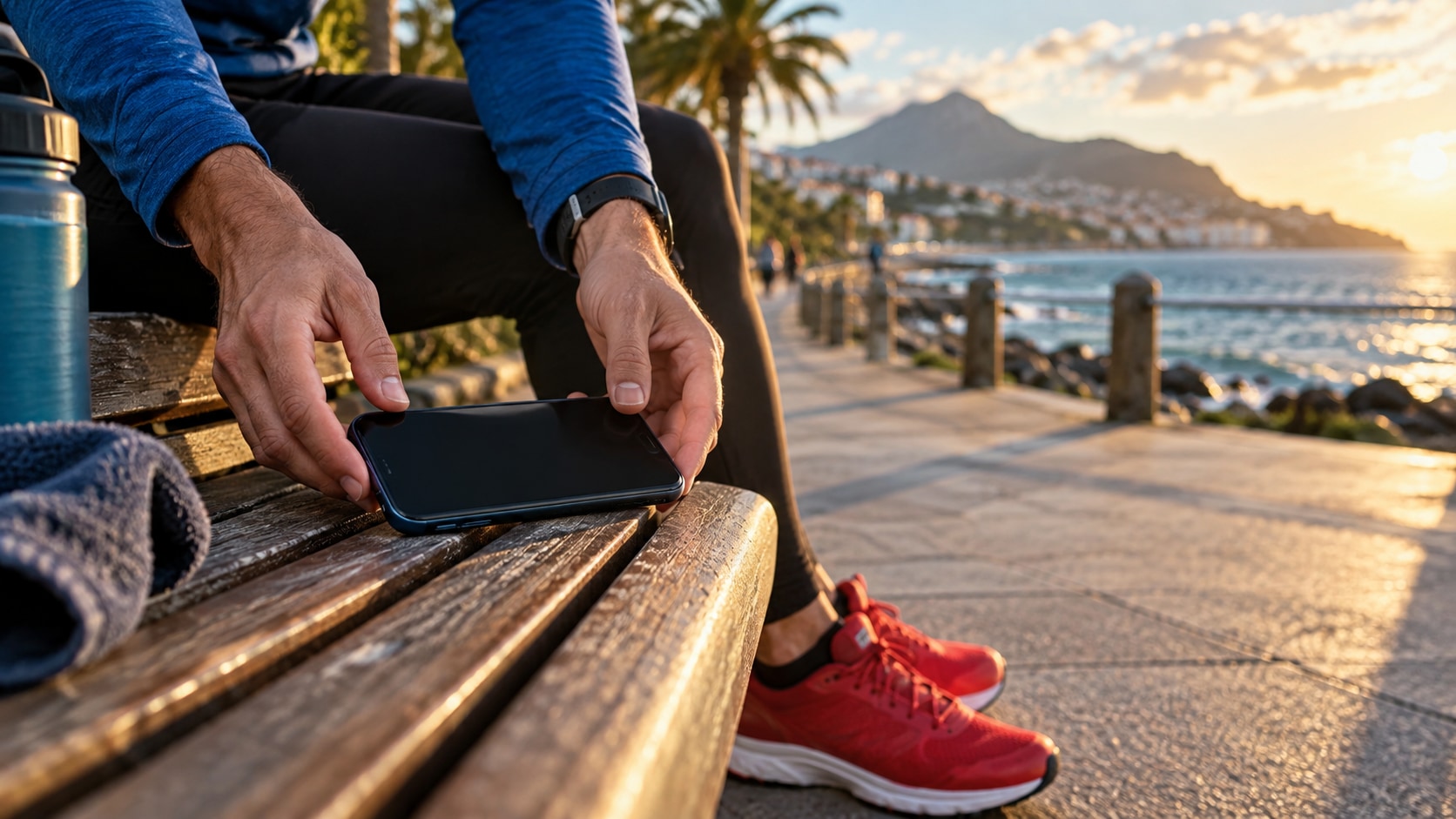 AI editorial illustration of a phone being set down on a seaside park bench