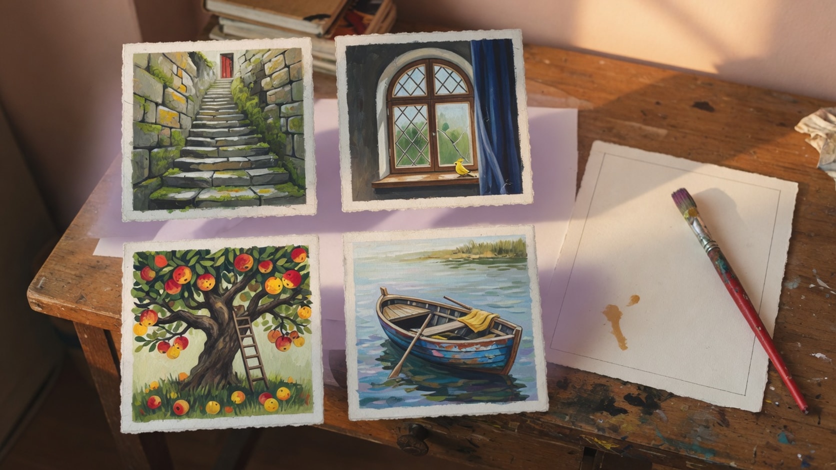 AI editorial photograph of four hand-painted square panels floating above a wooden desk, their edges almost touching