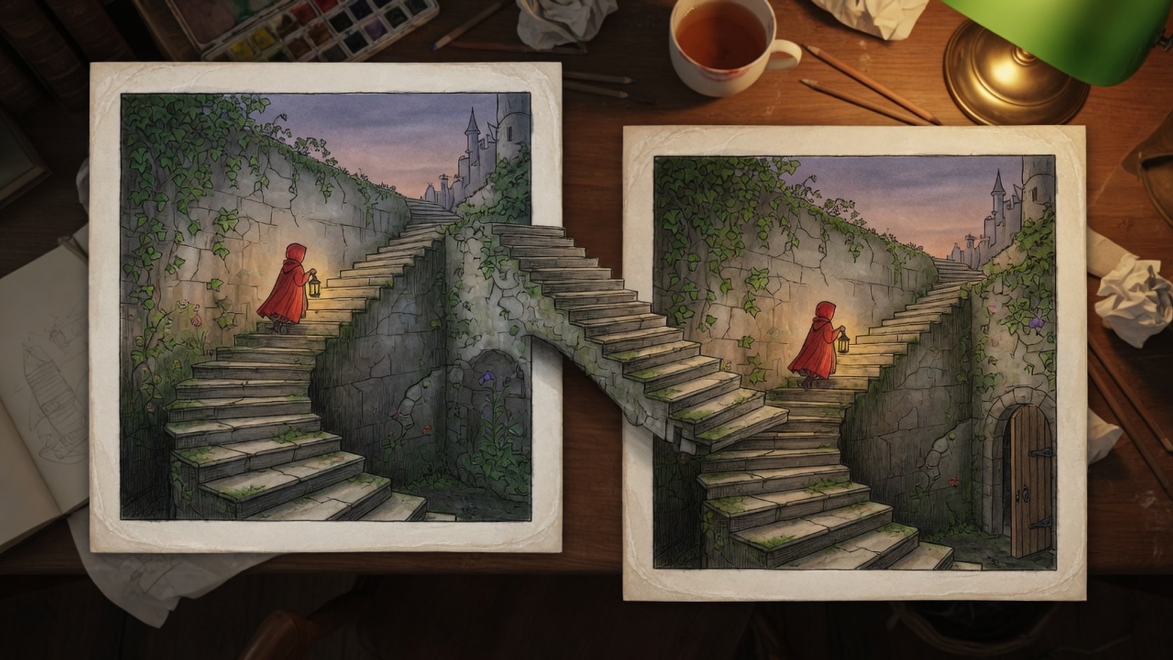 AI editorial photograph of two illustrated panels meeting so a stone stair continues from one drawing into the next