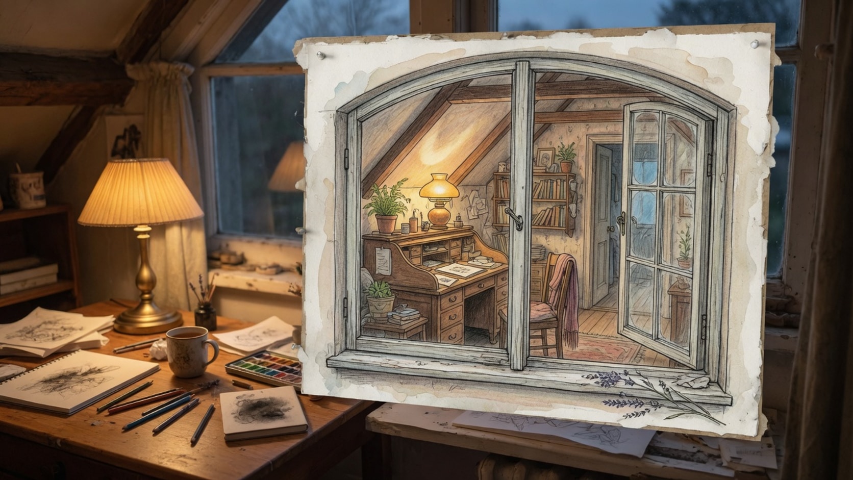 AI editorial photograph of a hand-drawn window inside a larger painting, the inner scene sharp enough to enter