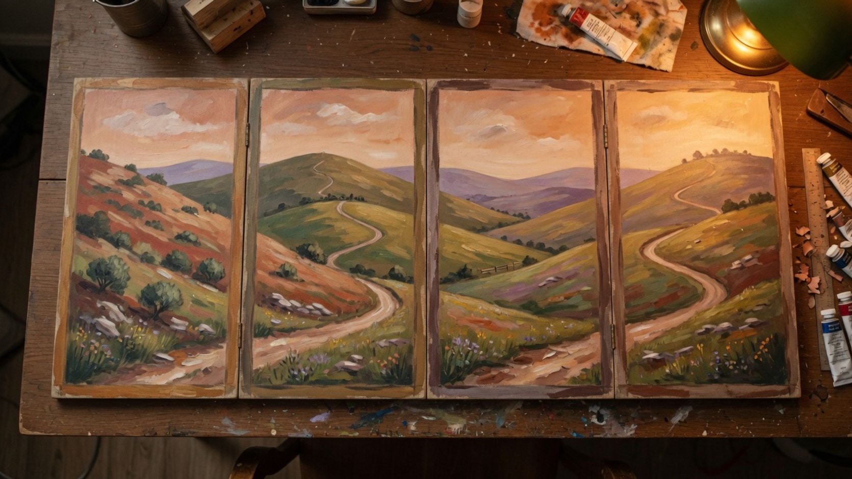 AI editorial photograph of four illustrated panels finally aligned into one continuous hand-drawn landscape