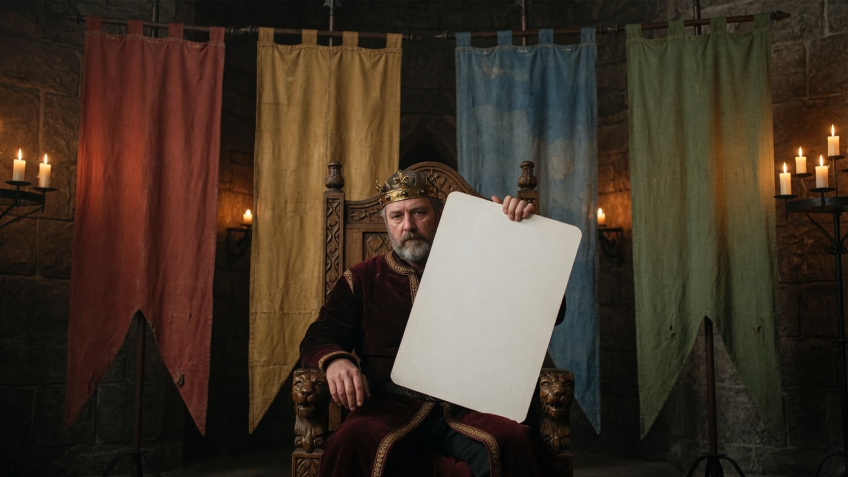 AI editorial photograph of a medieval king on a wooden throne holding a blank card, with four plain banners behind him