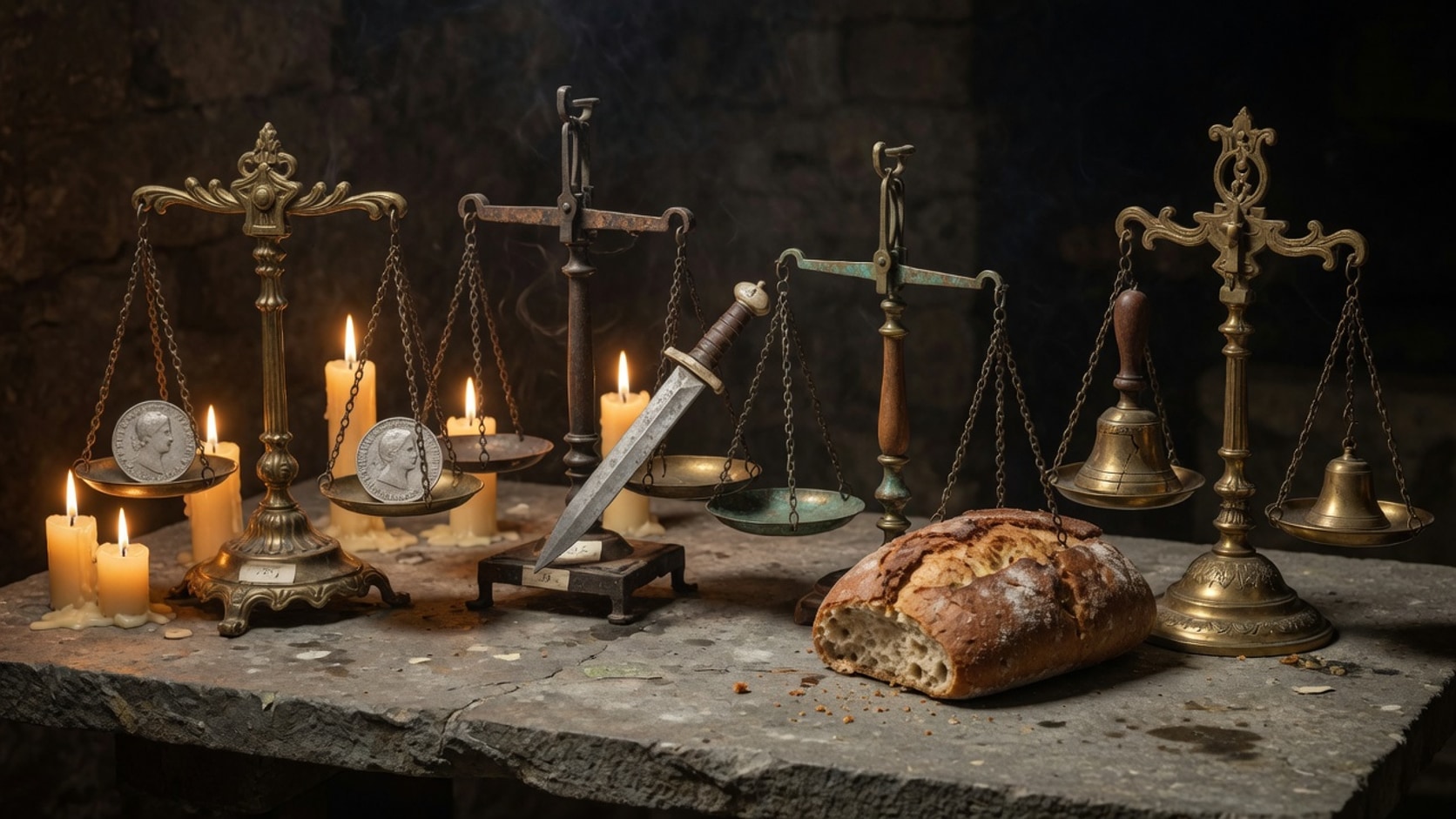 AI editorial photograph of four old measuring scales on a stone table, each holding a different object: a coin, a sword, a loaf, and a small bell
